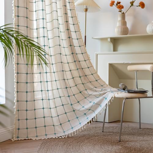 Deeprove Boho Curtains 72 Inches Long for Laundry Room Classroom, Linen Plaids Turquoise Embroidery Semi Blackout Bohemian Farmhouse Window Treatment Grids Drape Tassels, 1 Panel W52 x L72 Beige - color: Beige + Turquoise, size: 52"W x 72"L (Pack of 1)