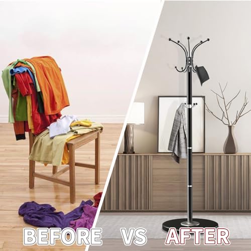 OIRUMIE Coat Rack,360°Rotary Coat Rack Stand,Coat Hanger Stand for Entryway | Metal Coat Rack Freestanding with Natural Marble Base & 14 Hooks,Black Modern Coat Stand, Clothes Hall Stand for Hallway - color: Black-14 Hooks