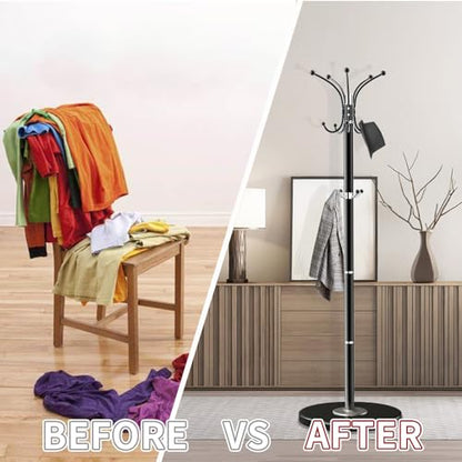 OIRUMIE Coat Rack,360°Rotary Coat Rack Stand,Coat Hanger Stand for Entryway | Metal Coat Rack Freestanding with Natural Marble Base & 14 Hooks,Black Modern Coat Stand, Clothes Hall Stand for Hallway - color: Black-14 Hooks
