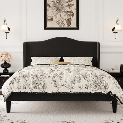 SHA CERLIN Full Size Bed Frame with Curved Wingback Headboard, Soft Black | Modern Luxury Design Velvet Platform Bed with Sturdy Wooden Slats,Noise-Free, No Box Spring Needed, Easy Assembly - color: Soft Black, size: Full