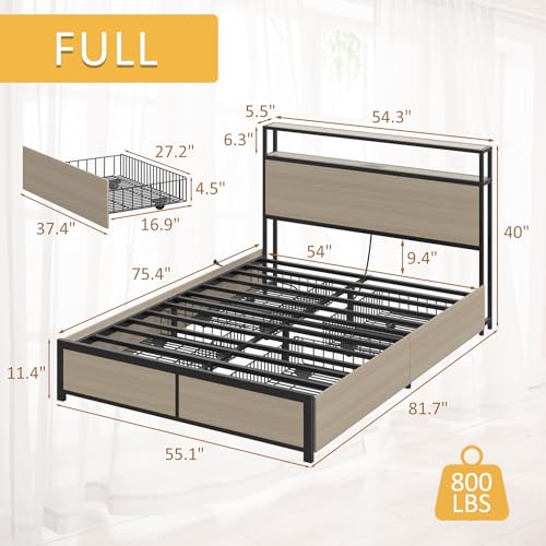 Lifezone Full Bed Frame with 2-Tier Storage Headboard, Metal Platform Bed Frame with 4 Storage Drawers, Built in Charging Station & LED, Noise-Free/Metal Support/No Box Spring Needed, Beige - color: Beige, size: Full