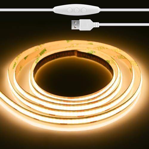 Meliya COB LED Strip Light, 5V USB LED Strip Light, 6.6ft Bright Daylight White Flexible Dimmable Light Strip for Display Cabinet, Living Room, TV Cabinet, Mirror, Kitchen Cabinet, Bedroom