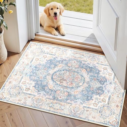 Boho Vintage Floral Area Rug 2x3 Small Rug for Entryway Bathroom | Low Pile Non Slip Washable Decorative Carpet for Bedroom, Dusty Blue - color: Boho Dusty Blue, size: 2'x3'