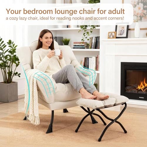 Lazy Chair with Ottoman, Reading Chair with Lumbar Pillow，Beige | Comfy Accent Lounge Chair with Pillow & folding Foot Stool, sturdy metal frame for bedroom, dorm or apartment, Living Room - color: Beige