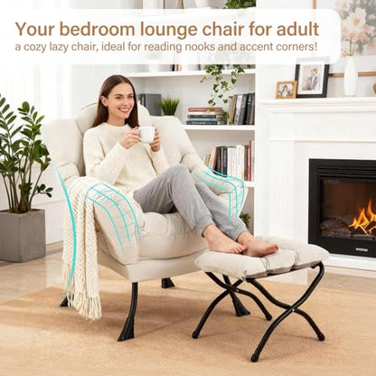 Lazy Chair with Ottoman, Reading Chair with Lumbar Pillow，Beige | Comfy Accent Lounge Chair with Pillow & folding Foot Stool, sturdy metal frame for bedroom, dorm or apartment, Living Room - color: Beige