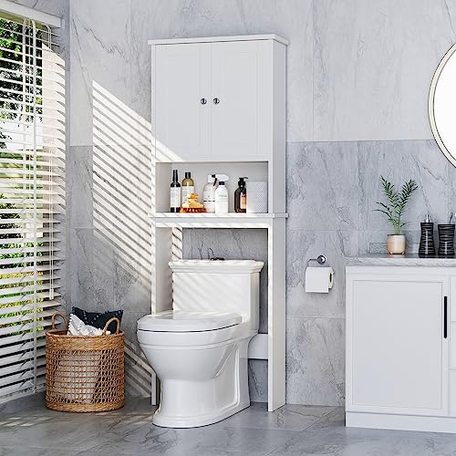 Over the Toilet Storage Cabinet, Bathroom Storage Organizer Over Toilet, Space Saver W/Adjustable Shelf & Open Shelf, White - color: White, style: Wood Doors