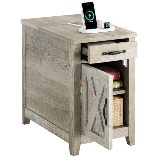 IRONCK End Table with Charging Station, Narrow Side Table, Beige Maple | Bedside table. Farmhouse nightstand with drawer, cabinet, flip-top, and cup holder, wood grain, for home - color: Beige Maple