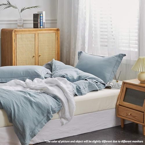 Simple&Opulence 100% Washed Linen Duvet Cover Set with Embroidered,2 Pieces Soft Farmhouse Comforter Set with Button Closure,1 Duvet Cover and 1 Pillowsham(Twin,Dusty Blue) - color: Embroidery Dusty Blue, size: Twin