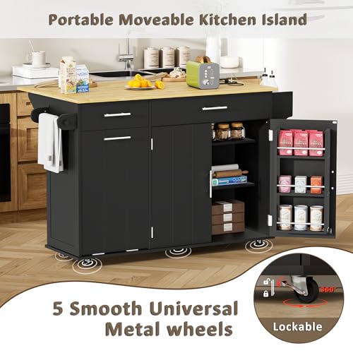 HQZX Rolling Kitchen Island with Trash Can Storage, Portable Kitchen Island Cart on Wheels with Drop Leaf & Power Outlet, Towel Rack & Spice Rack, Large Mobile Island Table for Kitchen, Black
