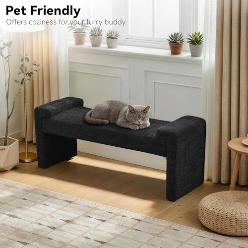Upholstered Entryway Bench, 43" Modern Bedroom Bench, Black | Sherpa Fleece, Curved Armrests, Solid Wood Frame, End of Bed, Bedroom, Living Room, Hallway - color: Black-sherpa, size: 43"