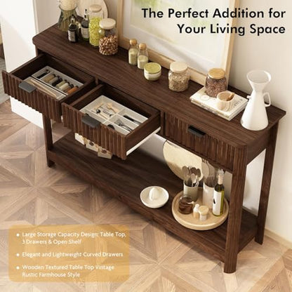RUSTOWN Fluted Wood Console Table with 3 Drawers, 47.2" Boho Entryway Table | Narrow Behind Couch Sofa Table, Open Storage Shelf, Curved legs, 2 Tier Modern Farmhouse Hallway Table for Living Room, Foyer - color: Dark Walnut