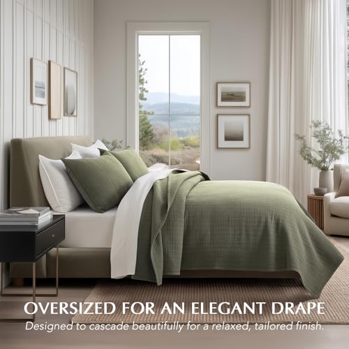 100% Cotton Modern Grid Stitch Quilt Set, Queen Size, Olive Green | Pre-Washed Cotton Coverlet Bedspread, Oversized Lightweight 3-Piece Bedding Set for All Season, with 2 Pillow Shams - color: Olive Green, size: Full/Queen (96" X 94")