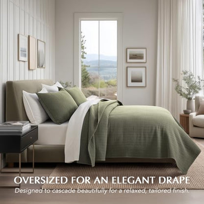 100% Cotton Modern Grid Stitch Quilt Set, Queen Size, Olive Green | Pre-Washed Cotton Coverlet Bedspread, Oversized Lightweight 3-Piece Bedding Set for All Season, with 2 Pillow Shams - color: Olive Green, size: Full/Queen (96" X 94")