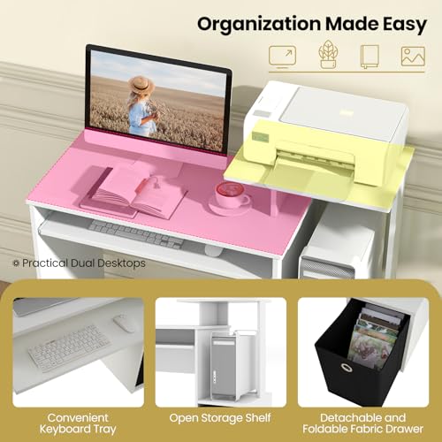 Tangkula Computer Desk with Fabric Drawer & Keyboard Tray, Space-Saving Study Writing Desk with Open Storage Shelves & Printer Stand, Modern Home Office Computer Workstation for Small Spaces (White)