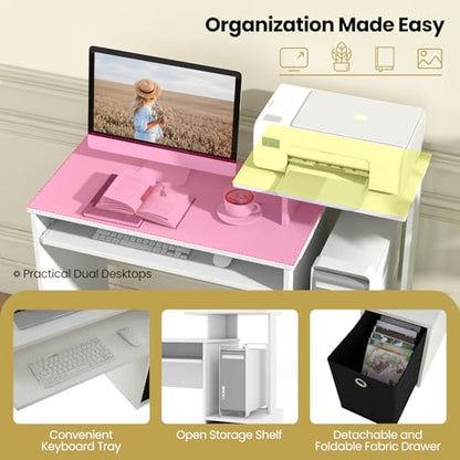 Tangkula Computer Desk with Fabric Drawer & Keyboard Tray, Space-Saving Study Writing Desk with Open Storage Shelves & Printer Stand, Modern Home Office Computer Workstation for Small Spaces (White)