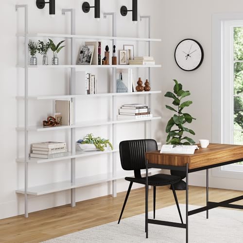 Nathan James Theo 6-Shelf Tall Modern Bookshelf, Wall Mount Ladder Shelf Bookcase with White Wood and Industrial Metal Frame, Matte White/White, Set of 3 - color: White, size: Set of 3