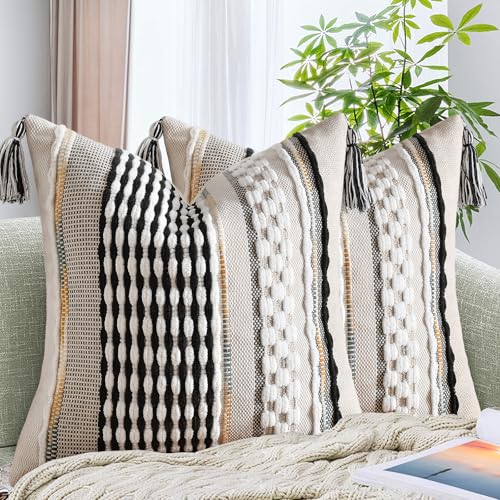 Set of 2 Chenille Striped Textured Boho Throw Pillow Covers Aesthetic with Tassels Woven Decorative Pillow Case for Couch Bed Sofa Bedroom Modern Funky 18 x 18-Inch Black - color: Black, size: 18" x 18" (Pack of 2)