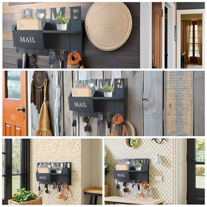 Rustic Wall Key Holder with Shelf & Hooks - Mail Organizer for Entryway | Wooden Key Rack for Keys, Coats, Dog Leash-Black - color: Black
