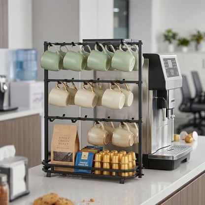 Coffee Mug Holder for Countertop, 22 Hooks Metal Coffee Cup Holder Rack | 3 Tier Mug Tree Holder Rack, Mug Tree Stand with Storage Base for K Cup Coffee Pod Paper Cups Tea Bag, Black - color: 3-Tier