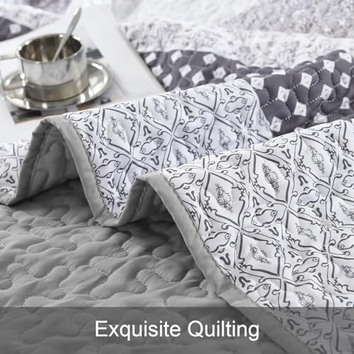 WONGS BEDDING Grey Full Size Quilt Set, Bohemian Striped Bedspreads | Reversible Boho Bedspread with Grey Accents, Lightweight Microfiber Coverlet for All Seasons (78"x90") , OEKO-TEX - color: Grey, size: Full