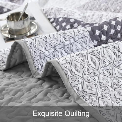 WONGS BEDDING Grey Full Size Quilt Set, Bohemian Striped Bedspreads | Reversible Boho Bedspread with Grey Accents, Lightweight Microfiber Coverlet for All Seasons (78"x90") , OEKO-TEX - color: Grey, size: Full