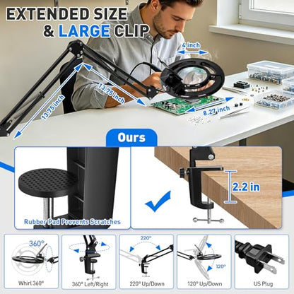 KIRKAS Magnifying Glass with Light, 2,200 Lumens Magnifying Lamp 12X 30X | 28in Adjustable Long Arm Knob Stepless Dimmable LED Lighted Magnifier Real Glass Lens for Repair Craft Sewing Workbench - color: Black 28in Magni-attach