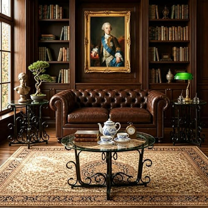 Glass Coffee Table Set of 3 — 31.5" Round Nesting Coffee Table with 2 End Tables, Tempered Glass Top & Wrought Iron Scroll Frame for Living Room, Apartment, Patio, Sunroom