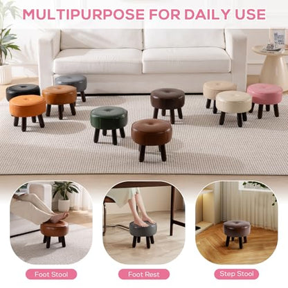 Small Foot Stool Round Pouf Ottoman, Leather Foot Rest with Rubber Legs | 13'' Leather Footrest with Non-Skid, Foolstool Ottomans for Couch, Sofa Step Stool for Living Room Bedroom Entryway, Pink - color: Pink