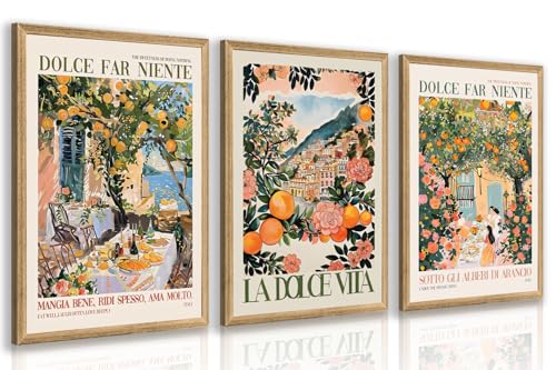 Cyebmo Italy Travel Wall Art set of 3, Trendy Amalfi Coast Wall Decor, Italian Food Canvas Painting, Vintage Italian City Poster Prints for Bedroom Dining Room Living Room Wood Framed 16"x24"x3 - color: Italian(Wood), size: 24"L x 16"W