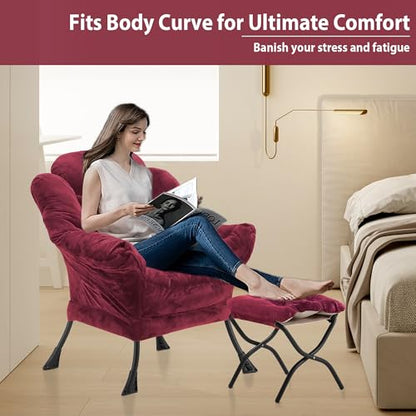 Youtanic Lazy Chair with Folding Ottoman, Accent Chair Plush Upholstered with Metal Structure and Non-Slip Pads, Sofa Armchair with Footrest and Side Storage Bag for Dorm, Room, Office, Rose Red - color: Plush Rose Red