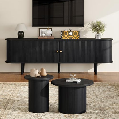 Nesting Coffee Table Set of 2, Mid Century Modern Round Coffee Tables, Wood Slat Side Table Set for Living Room, Office, Balcony, Textured Black - color: Black
