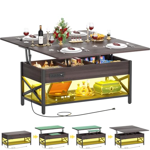 Aheaplus Coffee Table Lift Top Multi-Function Coffee Table Converts to Dining Table, with LED Light and Power Outlet, Center Table with Shelves for Living Room Reception Home Office,-S2, Espresso - color: Espresso
