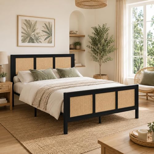 IMMERSTABLE Rattan Full Bed Frame with Headboard and Footboard, Boho Metal Platform Bed Frame Full Size with 13.8 in Under Bed Storage, Heavy Duty Metal Slat Support, No Box Spring Needed, Black - color: Black, size: Full