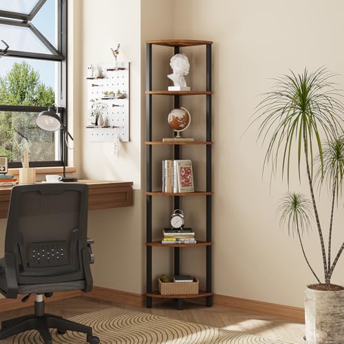 VIMBER Corner Shelf, 6-Tier Corner Bookshelf, Industrial Corner Ladder Shelf, DIY Storage Shelves, Rustic Display Shelf for Living Room, Bedroom, Kitchen, Home Office, Rustic Brown and Black UJSJ004F - color: Rustic Brown and Black, size: 6-Tier without L