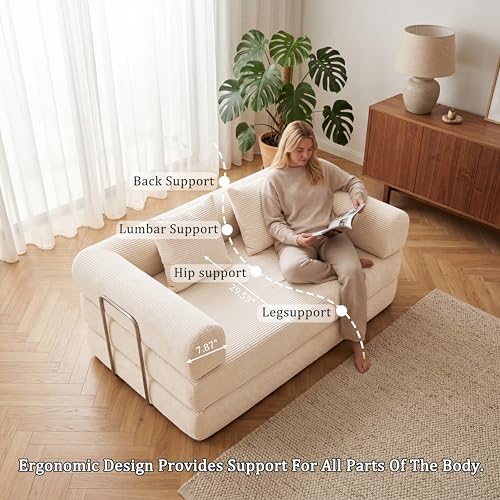 53.15" Boneless Couch,4-in-1 Futon Sofa Bed Modular Loveseat Sleeper Folding Compressed Couch with Pillows,No Assembly Required Convertible Sofa Bed for Living Room Bedroom Guest Room,Beige - color: Beige, size: 53.15" Loveseat Sofa