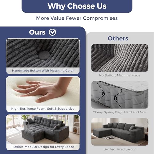 MAXYOYO Boneless Couch, 104-Inch L-Shaped Cloud Couch with Ottoman | Dark Grey Upholstered Sofa Features Layered Cushions and Flexible Modules with No Assembly, Ideal for Modern Living Rooms. - color: Dark Grey, size: 104" L Shape