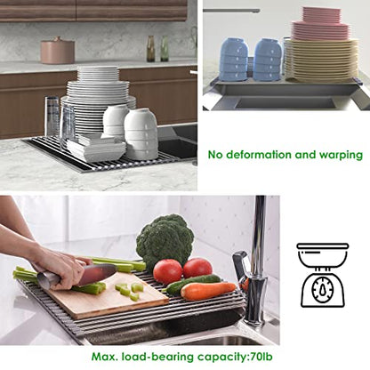 Tomorotec Roll Up Dish Drying Rack Over Sink, SUS304 Steel, 17.8x15.7,Gray | Heat Resistant to 550°F With Non-Slip Silicone Grips, Multipurpose Trivet for Hot Pots, Dishwasher Safe - size: 17.8" x 15.7"
