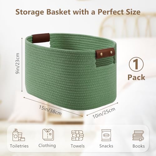 ECDYQXVU 15x10x9 Woven Cotton Rope Storage Basket, Leather Handles 1 Pack | Foldable Design, Sturdy PU Handles, Easy to Clean Organizer for Living Room, Closet, Shelves, Bedroom, Laundry, Clothes - color: Green-1 Pack, size: 1 Pack