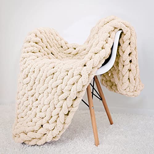 Chunky Knit Blanket Beige Chenille Yarn Tight Chunky Knit Throw Blanket for Sofa Bed 39x39 Handmade Boho Bed Throw - color: Beige, size: 39x39"