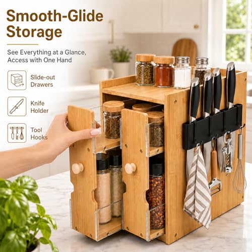 Pull Out Spice Rack Organizer for Cabinet or Countertop, Bamboo | 2-tier bamboo spice organizer with dual pull-out shelves for cabinets, countertops, pantries and coffee bars