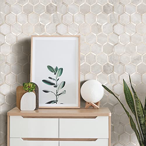 STICKGOO Hexagon Peel and Stick Backsplash Tile, Stick on Backsplash for Kitchen and Bathroom, Beige Marble Look PVC Mixed Metal Gold Self Adhesive Wall Tiles(10 Sheets, Seamless) - color: Beige Marble with Metal Gold