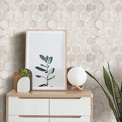 STICKGOO Hexagon Peel and Stick Backsplash Tile, Stick on Backsplash for Kitchen and Bathroom, Beige Marble Look PVC Mixed Metal Gold Self Adhesive Wall Tiles(10 Sheets, Seamless) - color: Beige Marble with Metal Gold