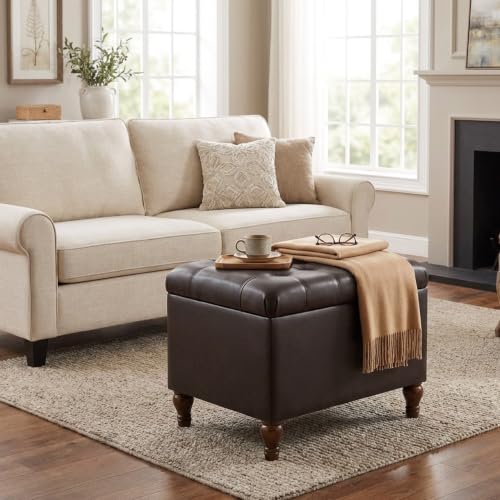 Spatial Order 24" Medium Tufted Storage Ottoman - Espresso Brown Faux Leather - color: Espresso Brown Faux Leather