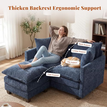 50'' Loveseat Sofa Set with Ottoman, Small Couch Set 2 Piece Cloud Love Seat 27" Deep Seat Washable Pillows Couches for Small Spaces Apartment Living Room, Blue - color: Blue, size: 50"+50"L