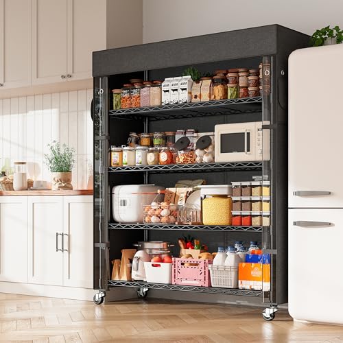 REIBII 72.8"H 5-Tier Heavy Duty Storage Shelving with Cover & Wheels,Pantry | 35''W x 16''D, Waterproof UV-resistant cover, Lockable wheels, Height adjustable, Tool-free assembly, Garage/kitchen/patio - size: 35" W x 16" D x 72.8" H
