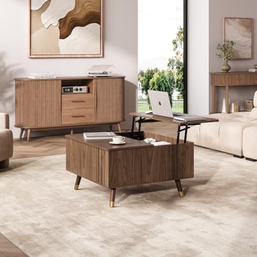 JOINICE Square Lift Top Coffee Table with Storage for Living Room,Walnut | 32" Multi-functional Pop Up Center Table,Large Hidden Compartments with Solid Wood Legs,Lift to 23",Hold 100lbs,Easy Assembly - color: Walnut_square
