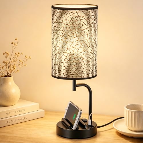 Dreamholder Touch Control USB Table Lamp with USB C/A & AC Outlet, 3-Way Dimmable Bedside Lamp, Modern Nightstand Lamps for Bedroom Living Room Guest Room Office, Bulb Included, Miracle Black - color: Miracle Black