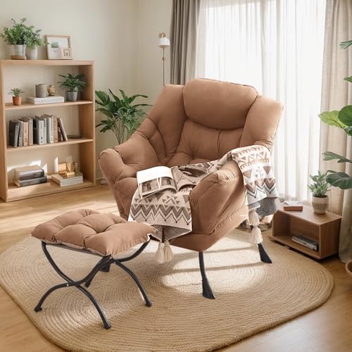 Lazy Chair with Ottoman, Soft Comfy Chair for Bedroom, Khaki | Reading Accent Lounge Chair with folding Foot Stool for Living Room Dorm Apartment, sturdy metal frame - color: Khaki