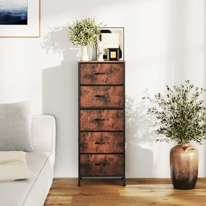 DUMOS Nightstand with 5 Drawers, Bedside Table with Removable Fabric Bins, Sturdy Steel Frame Wood Top Skinny Dresser for Bedroom Closet Living Room, Brown - color: Brown, size: 15.7"D x 11.8"W x 47.7"H (5 Drawers)