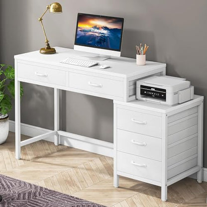 Tribesigns Computer Desk with 5 Drawers, Reversible Home Office Desks | Small Desk with Drawer Cabinet Printer Stand, PC Desk with Storage, White Study Writing Table Workstation for Small Spaces - color: White